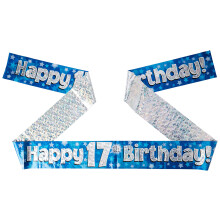 9ft Banner Happy 17th Birthday Blue Holographic