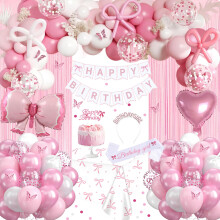 Pink Bow Birthday Decorations, Coquette Party Decoration Set with Happy Birthday Banner, Pastel Light Pink White Bow Latex Balloons, Crown, Sash, Foi