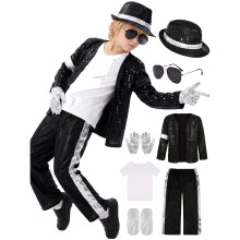 Kids Performance Outfit Michael Sequin Costume for Boys Girls Jacket Pants Gloves Sunglasses Hat Sets Stage Party Halloween Cosplay Dance Wear Show 8