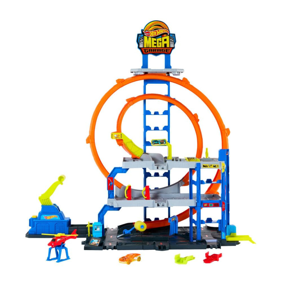 Hot Wheels Toy Car Track Set With Die-Cast Car & Helicopter, 2 Loops, Storage For 37 1:64 Scale Vehicles, Speed Snap Adapters, Mega Loop Garage, Jlc0