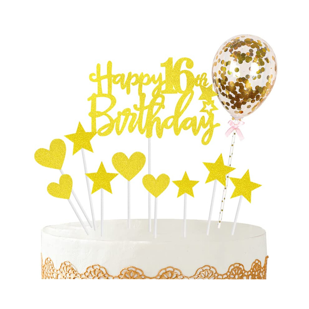 Hongci Personalised Happy 16Th Birthday Cake Toppers Gold For Boy,Girl,Kids,Happy Birthday Sign For Cake,11P Glitter Cupcake Topper Cake Topper 16Th Birthda