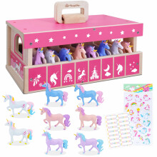 SIMPLIPLAY Unicorn Wooden Stable Playset, Portable Horses Toys Set with 8 Adorable Unicrons, 2 Stickers, Horse Stable with Metal Door Lock, Creativit
