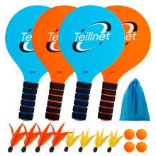 U&C Planet Beach Bat and Ball Set Paddle Ball Game Wooden Beachgames Tennis Racket Game for Children&Family 4 Paddles 4 Balls, and 8 Birdies Toys for