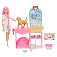 Barbie Fast Cast Veterinarian Clinic Playset with Pink Colored Hair Fashion Doll, Vet Furniture & 10+ Accessories Including Molds & Dough for Bandage