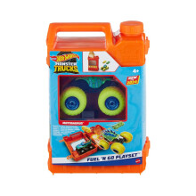 Hot Wheels Monster Trucks 1:64 Scale Toy Truck Playset, Fuel N’ Go Gas Can Transforms Into Stunting Arena, With Motosaurus & 2 Crushed Cars, HXT04
