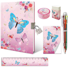 Butterfly Secret Diary for Girls, 6pcs Stationary for Girls Gifts incl. Diary with Lock Multicolor Pen Memo Ruler Eraser Sharpener Kids Notebook Jour