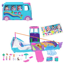 Polly Pocket Micro Dolls and Transforming Camper Van Vehicle, Accessories Include Pets and Toy Car, Pet Mobile Adventure Playset, JCC22