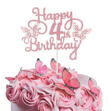 Bliceon 4th Birthday Cake Topper, Pink 3D Butterfly Cake Toppers, Pink Butterfly Party Decorations for Cakes Decorations Girls 4 Years Old Birthday P