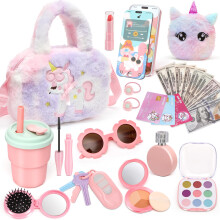 Chinloca Girls Handbag with Pretend Makeup Set for Toddler, Unicorn Toys for 3+ Year Old Girls, Kids Handbag with Toy Phone Wallet Water Bottle, Birt