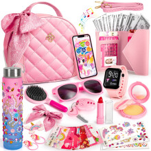 Hohosunlar Play Purse for Little Girls Toddlers, Kids Handbag w/ Pretend Makeup, DIY Unicorn Water Bottle, Toy Phone, Watch, Wallet Cards Stickers, P