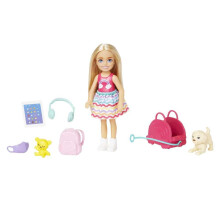 Barbie Chelsea Small Doll & 6 Accessories, Travel Set with Puppy, Pet Carrier & Backpack that Opens & Closes, Blonde Hair, HJY17
