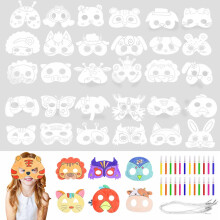 VLUVLA 32PCS Animal Masks for Kids, DIY Colouring Craft Kit with 32 Blank Masks, 24 Watercolor Pens, 32 Elastic Cords & 4 Sample Sheets, Jungle Safar