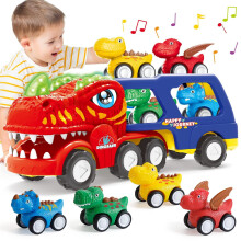 INSTOY Toddler Truck Toys for 2 3 4 5 Year Old Boys Gifts, 5-Pieces Dinosaur Car Toys for Boys Age 2 3 4 5 6, Monster Truck Toy for Kids 2-4, Pull Ba