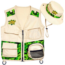 Safari Kidz Outdoor Explorer Kit - Camouflage Cargo Vest and Hat Set, Backyard Nature Adventures, Washable Costume for Boys and Girls … (green)