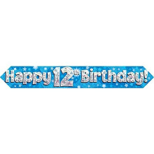 9ft Banner Happy 12th Birthday Blue Foil Holographic