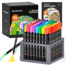 Shuttle Art Dual Tip Brush Pens, 96 Colours Fine and Brush Tip Markers Set with Pen Holder & 1 Colouring Book, Felt Tip Colouring Pens for Adults and