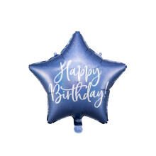 Happy Birthday Foil Balloon 40cm Navy Blue Star Shape FB93-074 with Silver Holographic Lettering for Classroom Parties, Original and Safe Visual Impa