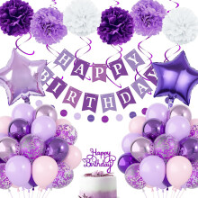 Purple Birthday Decorations for Women Girls,Purple Banner Balloons Pompom,Happy Birthday Decorarions with Garland,Balloon Kit for Birthday