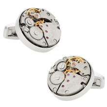 Steampunk Watch Movement Round Chrome Rhodium Mens Cufflinks
