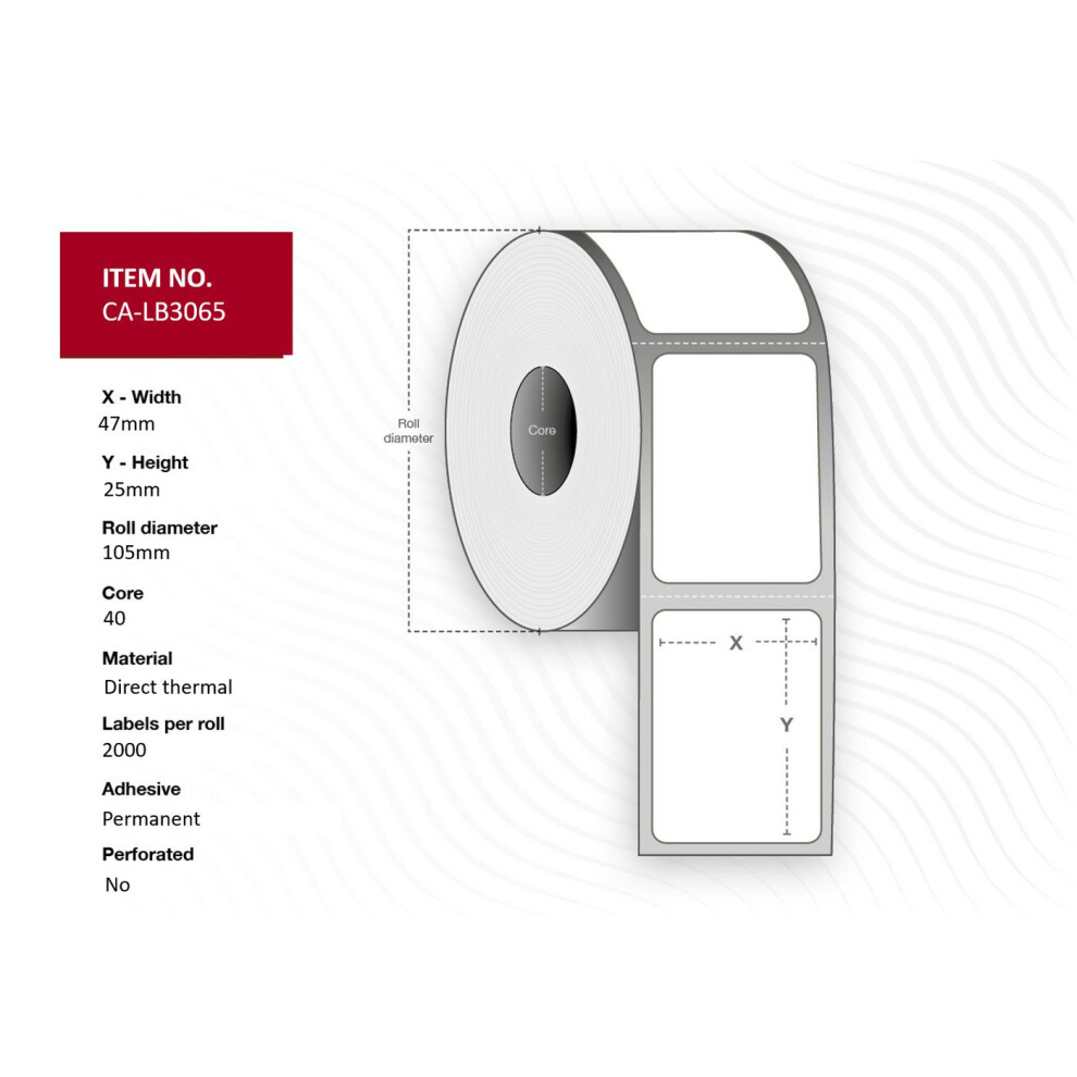 Capture Label 47 X 25 Core 40 Ã 105 Mm. Dt. Permanent. 2000 Labels Per Roll. 12 Rolls Per Box. White 5706998986528