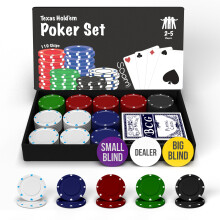 Soom Games Poker Set Compact Size with 110 Chips, Dealer Button, Big & Small Blind Buttons and Playing Cards, Premium Poker Chips Set for 2–5 Player