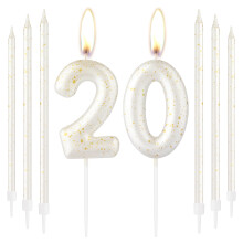 White Gold Happy 20th Birthday Candle, Gold Number 20 Candles for Birthday Cake, White Gold Birthday Candle Cake Topper for Boys Girls 20th Birthday