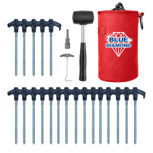 Blue Diamond Heavy Duty Screw Tent Pegs - Pack of 20 | Hard Ground Tent Pegs, Camping Pegs | Rustproof Galvanized Steel (Deluxe Kit (Mallet, Peg Pull