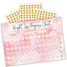 Weight Loss Progress Chart Poster with 88 Gold Star Stickers – A4 Size | Pastel Pink Watercolour Design | Thick 450gsm Card | Track Every Pound Lost