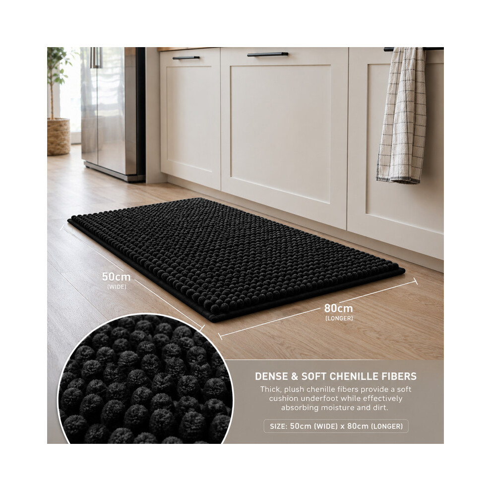 Imperial Rooms (50X80cm, Black) Chenille Bath Mat Extra Soft Absorbent Non-Slip Bathroom Rug