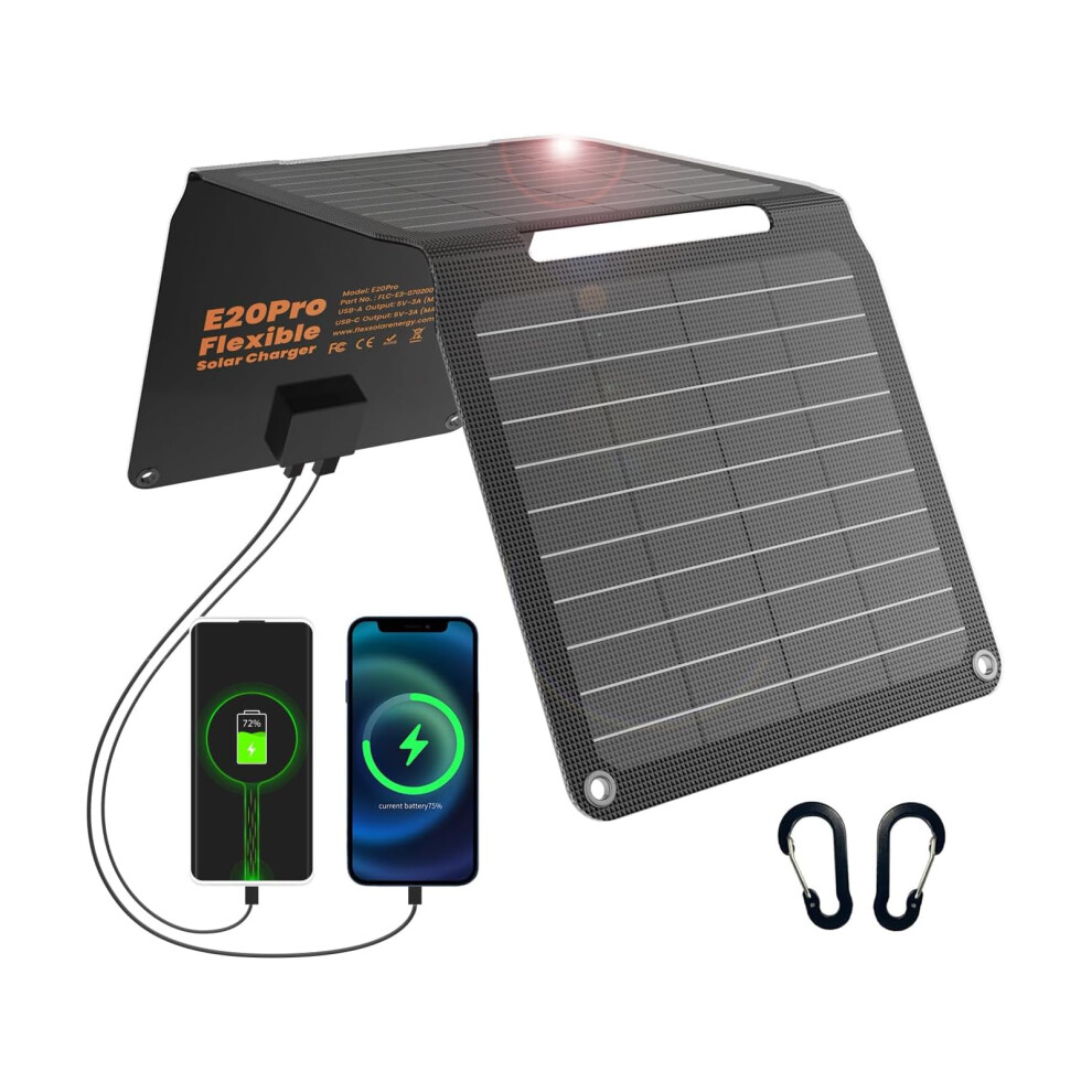 Flexsolar 20W Solar Panel Charger Portable Foldable Fast Charging Qc3.0 Usb-A Usb-C Output Small Power Ip67 Waterproof Camping Backpacking Hiking Eme 5009015044882