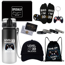 10 Year Old Gifts for Boys, Birthday Gifts for 10 Year Old Boy, Level 10 Unlocked Gamer Gift Set with Water Bottle Baseball Cap Socks Bag Keychain Wr