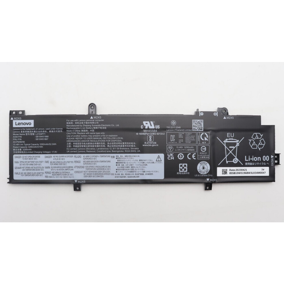Lenovo Internal Lithium-Ion Battery 4 Cells 52.5Wh Capacity 15.48V Voltage Compatible With Select Thinkpad Models.