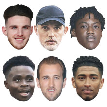 Star Cutouts CMPWC26 England Manager & Footballers Six Pack Cardboard Face Masks – Thomas Tuchel, Kobbie Mainoo, Declan Rice, Harry Kane, Jude Belli