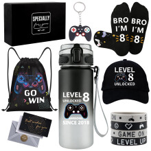 8 Year Old Boy Gifts, Birthday Gifts for 8 Year Old Boys, Cool Game Theme LEVEL 8 UNLOCKED Gift Set with Water Bottle Baseball Cap Socks Bag Keychain