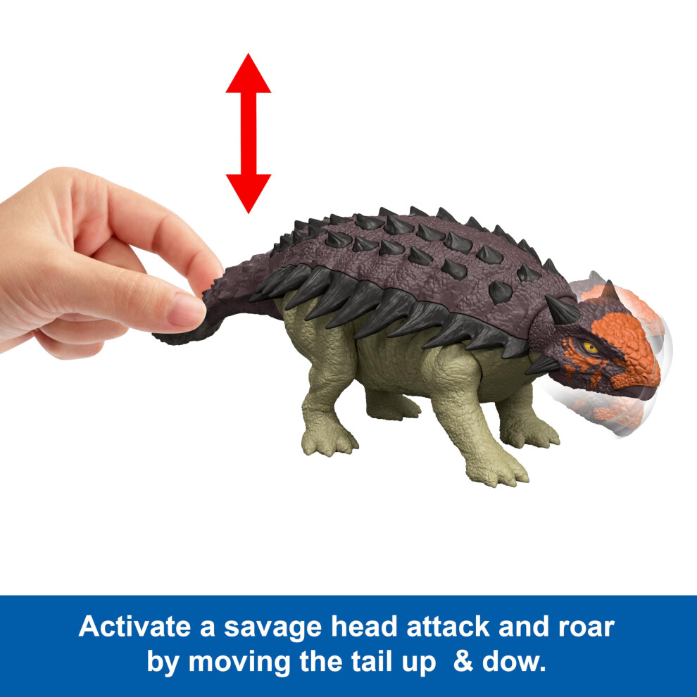 Mattel Jurassic World Rebirth Wild Roar Dinosaur Toy, Posable Ankylosaurus Figure, Tail Controlled Head Butt & Multi Attack & Sound, Digital Play,