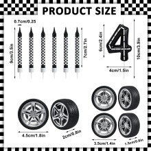 13 Pcs Racing Cars Themed Birthday Candles Black and White Checkered Birthday Number 4 Candle Cake Candles Wheel Tire for Racing Car Theme Decoration