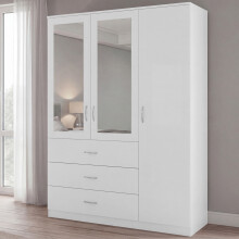 (White) Modern 3 Door 3 Drawer Mirrored Wardrobe, Riano - Bedroom Storage Closet with Hanging Rail & Drawers