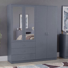 (Grey) Modern 4 Door 3 Drawer Mirrored Wardrobe, Riano – Bedroom Storage Closet with Hanging Rail & Drawers