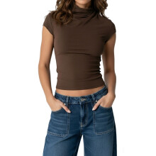 (L, Dark Brown) Women Summer Basic T-Shirt Casual Mock Neck Fitted Cap Sleeves Tops for Streetwear Aesthetic Grunge Clothes