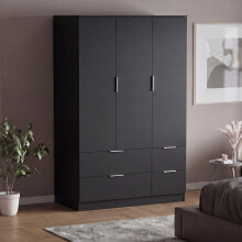(Black) Modern 3 Door 4 Drawer Wardrobe, Trega – Bedroom Storage Closet with Hanging Rail & Drawers