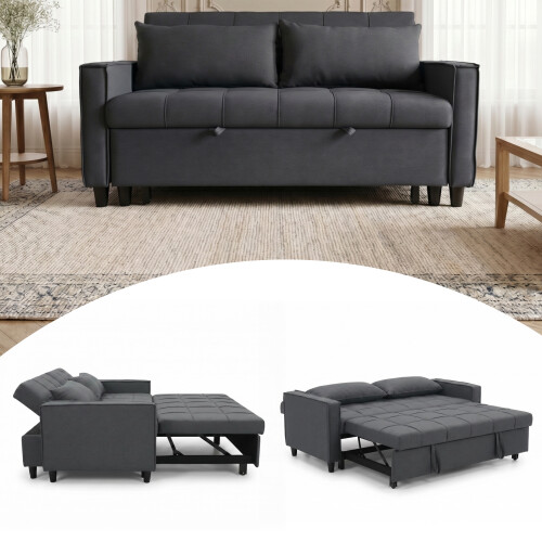 (Grey Linen) 2 Seater Sofa Bed 3-in-1 Pull out Recliner Sleeper