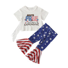 (CC01400-BS, 110 yards) Children's summer American Independence Day short-sleeved T-shirt top star printed flared trousers two-piece set