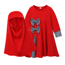 Children's spring and autumn long-sleeved round neck solid color bow dress + headscarf 2-piece children's clothing set