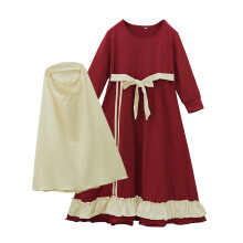 (Red CC02112-BS, 7 yards) Girls spring and autumn long-sleeved dress + solid color headscarf two-piece children's clothing ins set