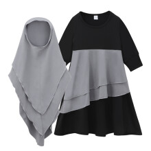 (Black CC02244-AS, 140 yards) Girls' spring and autumn long-sleeved color-blocked ruffled lace dress + headscarf two-piece children's clothing set