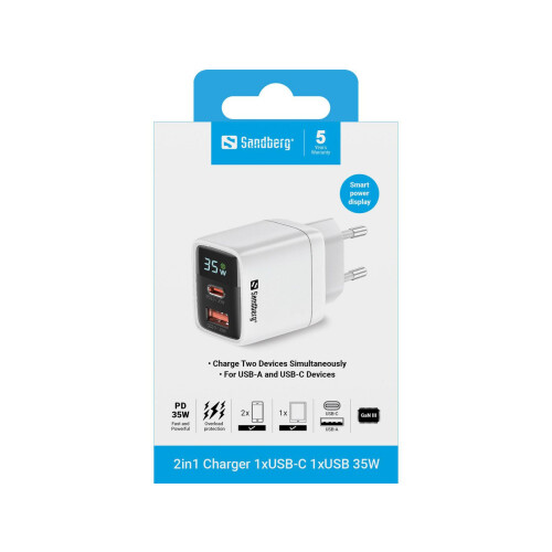 Witte 2-in-1 oplader - Sandberg - 35 W - 1x USB-C - 1x USB 2