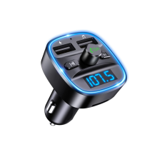 Transmisor FM para coche con doble puerto: carga rápida y Bluetooth 5.0 manos libres.