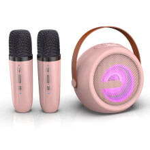 Máquina de karaoke infantil, altavoz Bluetooth portátil con 2 micrófonos inalámbricos (rosa)