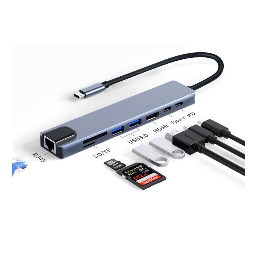 Usb C To Hdmi Ethernet Tf Sd Card Reader Type-C Dual Usb A Adapter(8In1)Monitor Port Dongle Hub Charger Splitter For Tv Display Docking 6083684977251