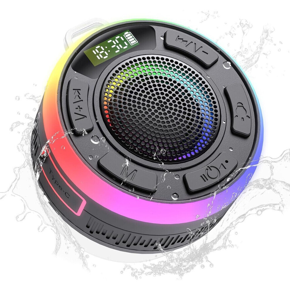 Bluetooth Shower Speaker, Ipx7 Waterproof, Hd Stereo Sound, Built-In Mic, Time Display, Dynamic Lights, 10H Playtime (Black) Black 6083684978463